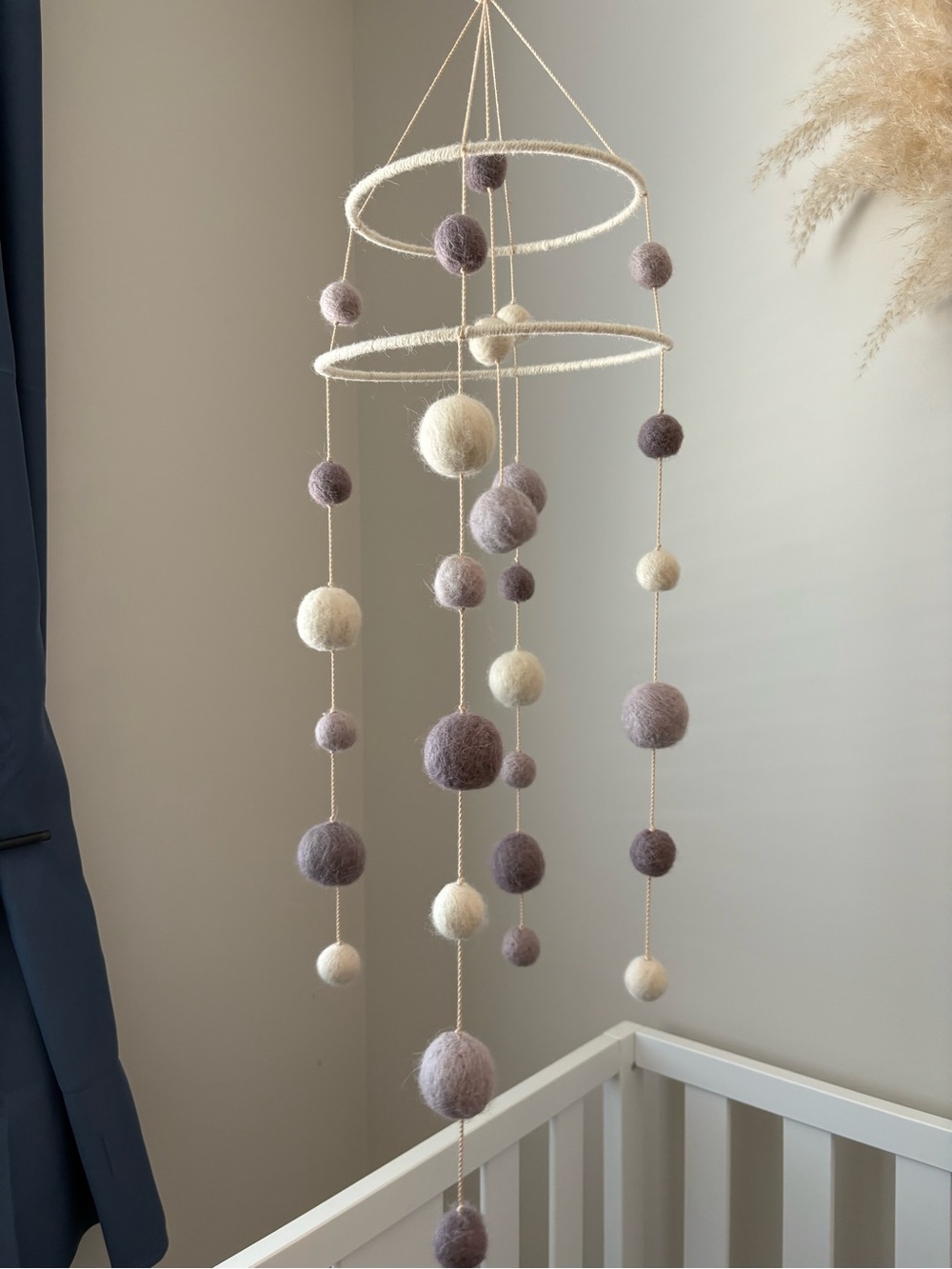 Handmade Felt Ball Nursery Mobile in Soft Grey & Cream